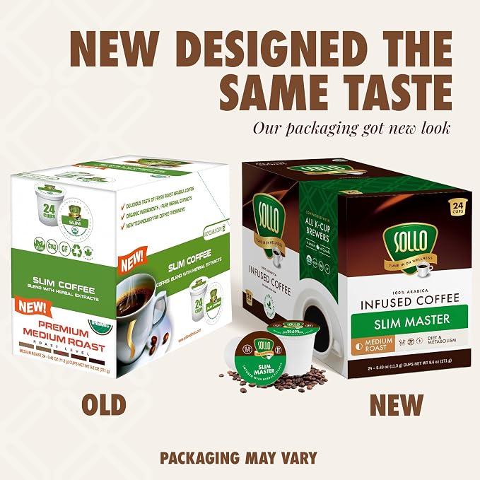 SOLLO Organic Slim Coffee Pods, Medium Roast, Low Acid, Diet-Support, Slim, Single Serve Pods, Compatible With 2.0 K-Cup Keurig Brewers, 24 K Cup
