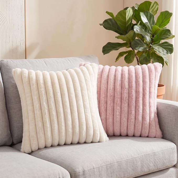 Pack of 2 Throw Pillow Covers 20x12 Decorative Solid Plush Faux Fur with Soft Velvet Back, Square Striped Cushion Cases Modern Farmhouse Home Decor for Living Room Couch Sofa Bed Cream White