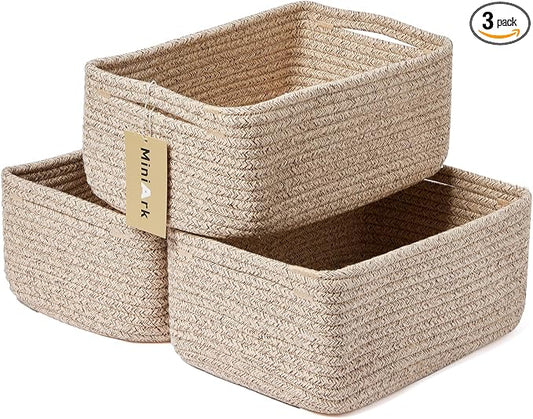 MiniArk Small Storage Baskets for Organizing | Closet Organizer Bins | Shelf Toy Basket | Woven Rope Baskets | Cube Decorative Box | Shallow Basket | 13x8.5x5.1” | 3 Packs Mixed Brown