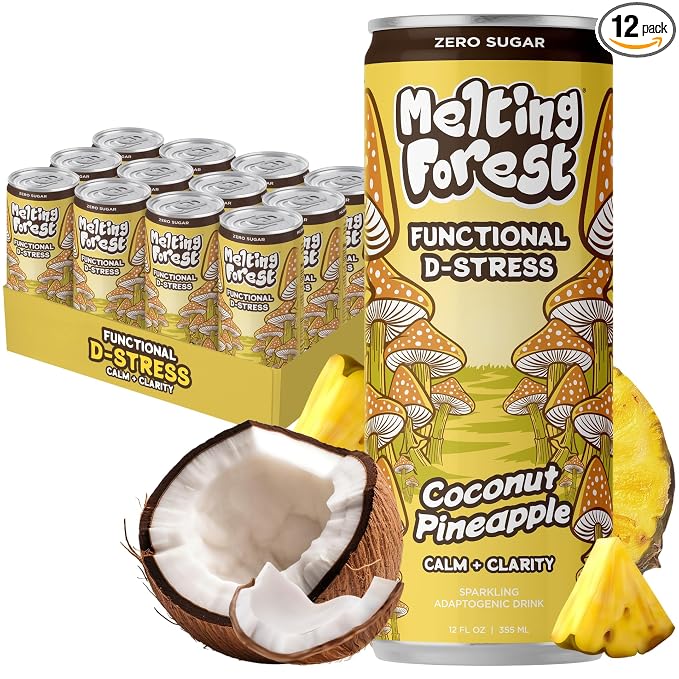 Melting Forest Functional Mushroom D-Stress - Adaptogen Drink with L-Theanine, Reishi, Lion's Mane & Magnesium - Relaxation Drinks for Stress Relief - 0 Sugar, 5 Calories - Coconut Pineapple (12-Pack)