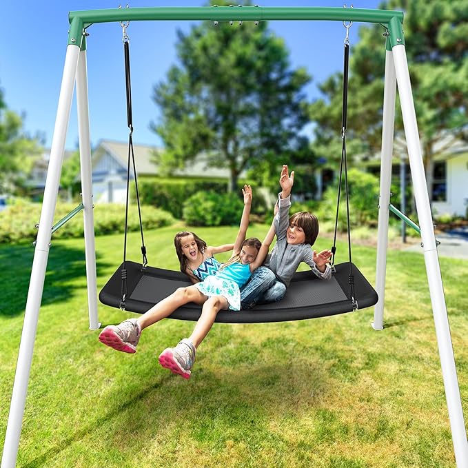 Trekassy Swing Sets for Backyard, 440lbs Heavy Duty A-Frame Metal Stand with 60" Large Platform Swing for Outdoor Playground Park（Green/White Frame + Black Swing）(Patented)