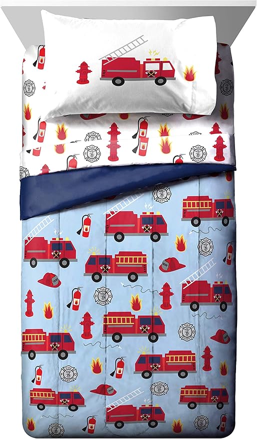 Jay Franco Trend Collector Go Fire Truck Go 4 Piece Toddler Bed Set - Includes Comforter & Sheet Set - Super Soft Fade Resistant Microfiber Bedding
