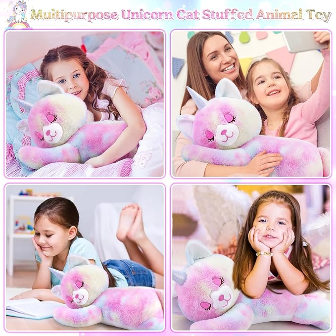 24'' Large Unicorn Cat Plush Stuffed Animal- Unicorn Cat Plush Pillow Plushies, Big Cute Sleeping Huggable Plushie Toy, Stuffed Animal Toys Girls Birthday Gifts for Kids Girls Boys
