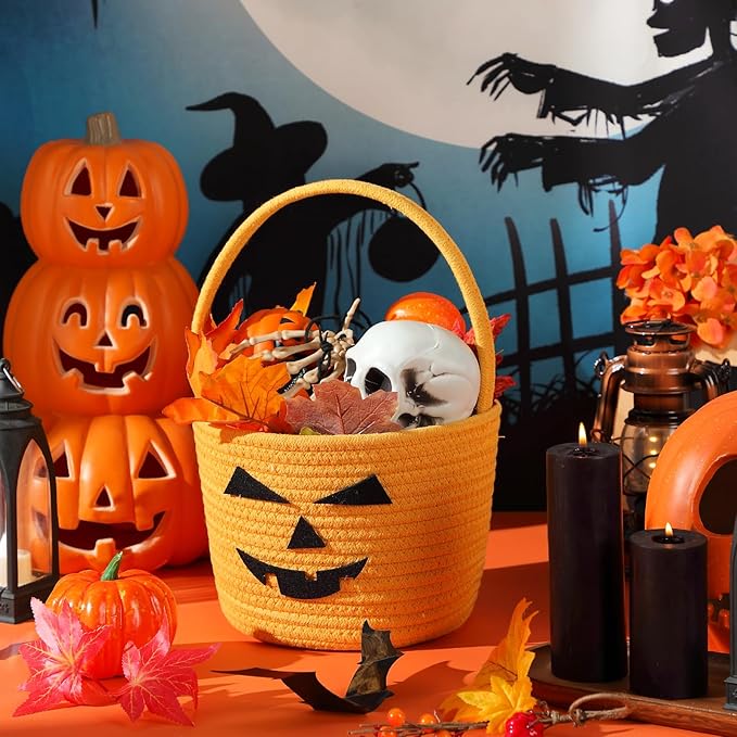 Halloween Basket with Handle Cute Bucket Cotton Rope Woven Candy Server Bag Pumpkin Witch Cat Pig Storage Basket for Halloween Party Favor(Bucket Pumpkin,Orange,1 Pack)