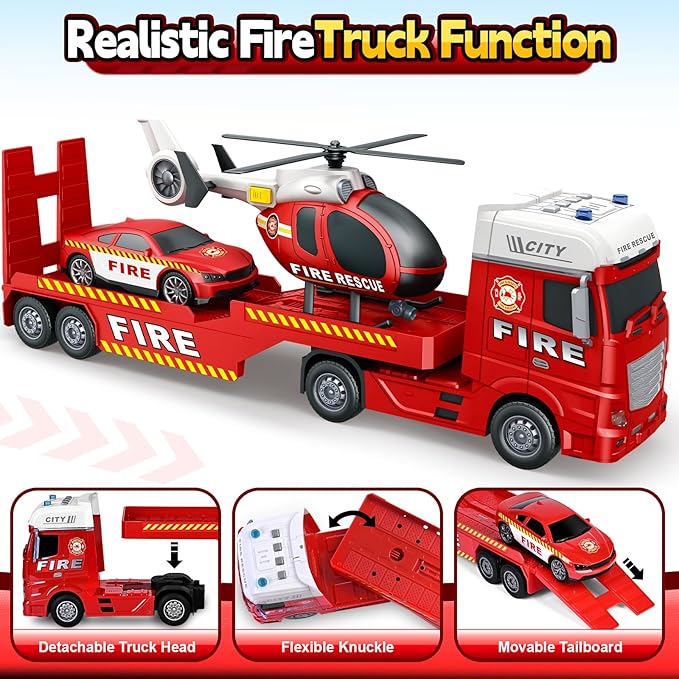 SpringFlower Truck Toddler Boy Toys, 25" Large Fire Truck Toy with Racing Car and Helicopter,3 in 1 Lights Sounds Fire Boy Vehicle, Christmas Birthday Gifts for Kids 3 4 5 6 Years Old