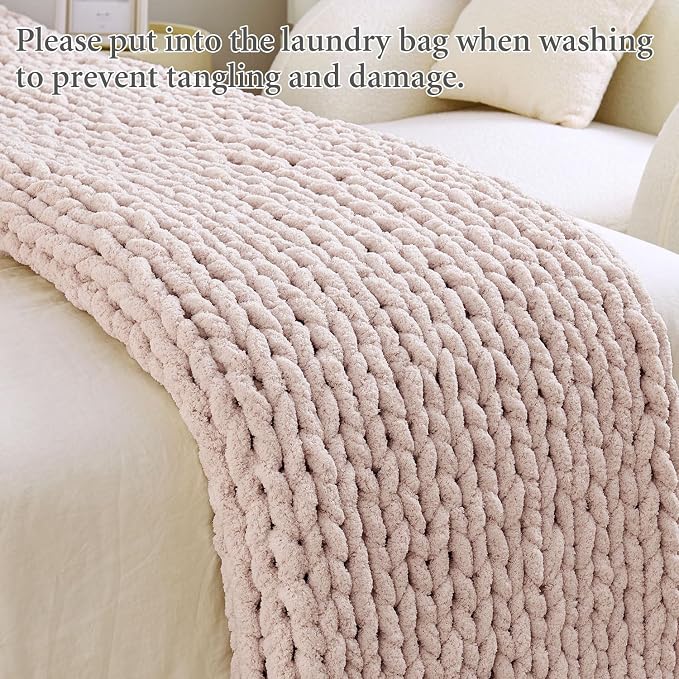 Chunky Knit Blanket Throw for Couch, 51"x63" Chunky Yarn Knitted Blankets | 100% Hand Knit Thick Chenille, Soft Breathable for Bed, Sofa, Home Decor, Cozy Gifts for Women Friends, Pink