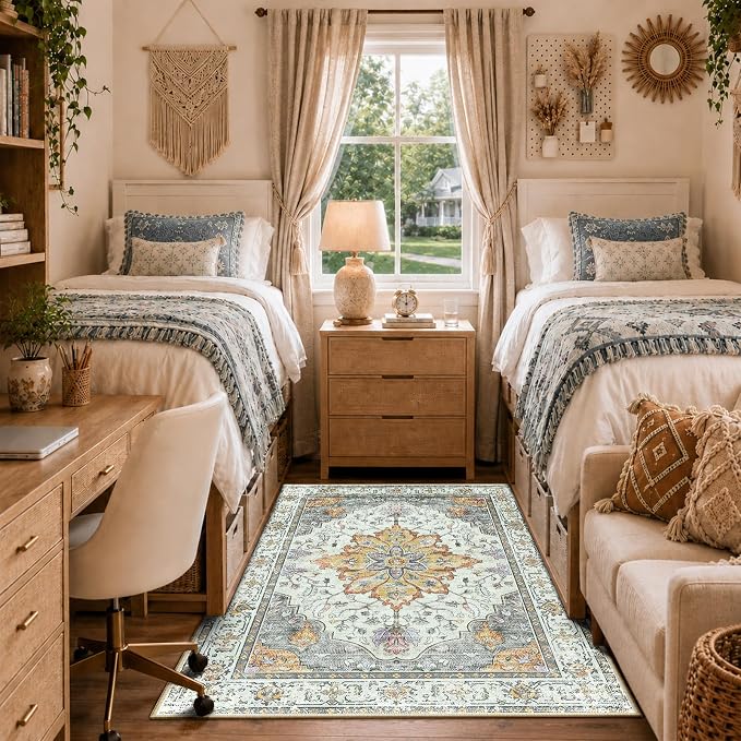 RELEANY Area Rugs 4'x6' Washable Non-Slip, Floral Vintage Distress Medallion Carpet for Living Room Bedroom Dining Room, Beige Carbon Grey Orange