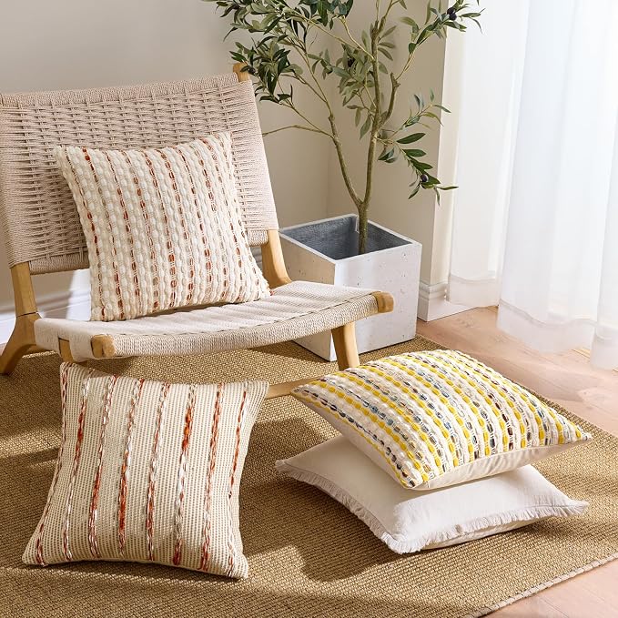 ANRODUO Boho Decorative Throw Pillow Covers Rust Stripe 18x18 Inch Set of 2 | Woven Chenille Decorative Cushion Case with Striped Farmhouse Accent Neutral Pillowcase for Couch Sofa Bed Living, Room Decor
