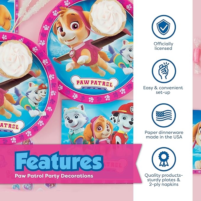Skye Paw Patrol Birthday Decorations | Serves 16 | Pink Banner, Tablecloth, Balloons, Plates and Napkins, Temporary Tattoos, Sticker | Paw Patrol Party Decorations for Girls