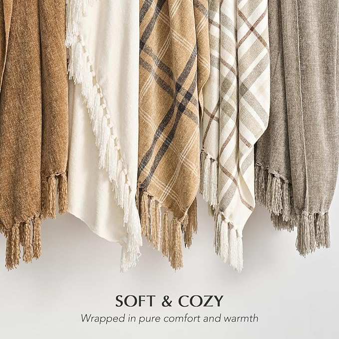 Plaid Chenille Knit Throw Blanket for Couch, 50"x60", Khaki Grey | Super Soft Knitted Throw with Tassels, Cozy, Decorative Farmhouse Plaid, Lightweight, Ideal for Bed Sofa Gift Home Decor