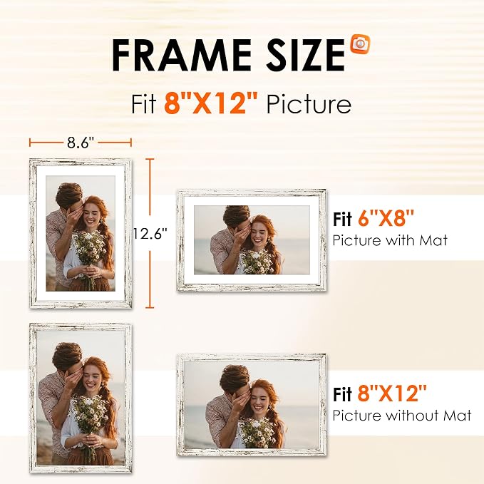 FIXSMITH 8x12 Picture Frame 2 Pack, Distressed White Photo Frame with HD Plexiglass, Display Pictures 6x8 with Mat or 8x12 Without Mat, Distressed White Picture Frames Collage Wall Decor, Gallary Wall Frame