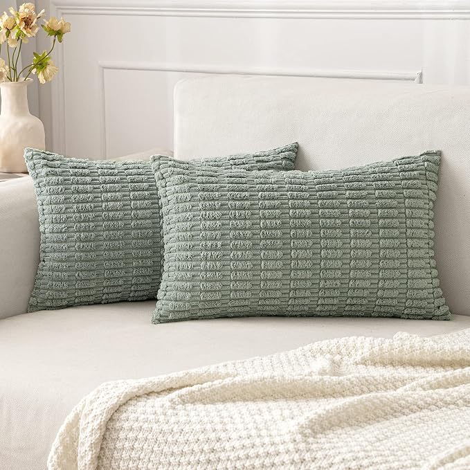 MIULEE Lumbar Corduroy Decorative Throw Pillow Covers 12x20 Grey Green | Pack of 2 Soft Boho Striped Pillow Covers Modern Farmhouse Home Decor For Sofa Living Room Couch Bed