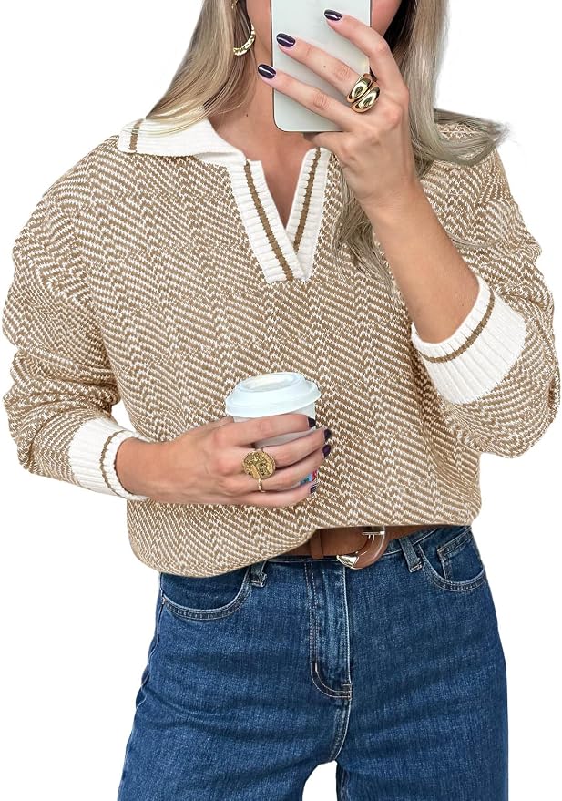 Saodimallsu Womens Fall Sweaters Tops Lapel V Neck Knit Color Block Shirt | Winter,Long Sleeve,Casual,Soft,Pullover,Cozy,Ribbed,Ladies,Chunky,Warm Sweaters,Checkered,Tunic,Work
