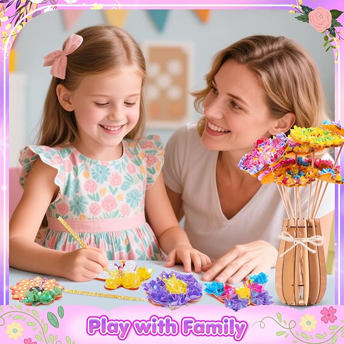 Poke Art and Craft Flower Bouquet Kits for Girls, 8 Flowers & 2 Butterflies with Wooden Vase, Mess Free DIY Creative Activity, Birthday Gifts Toys for 5 6 7 8+ Year Old Girls