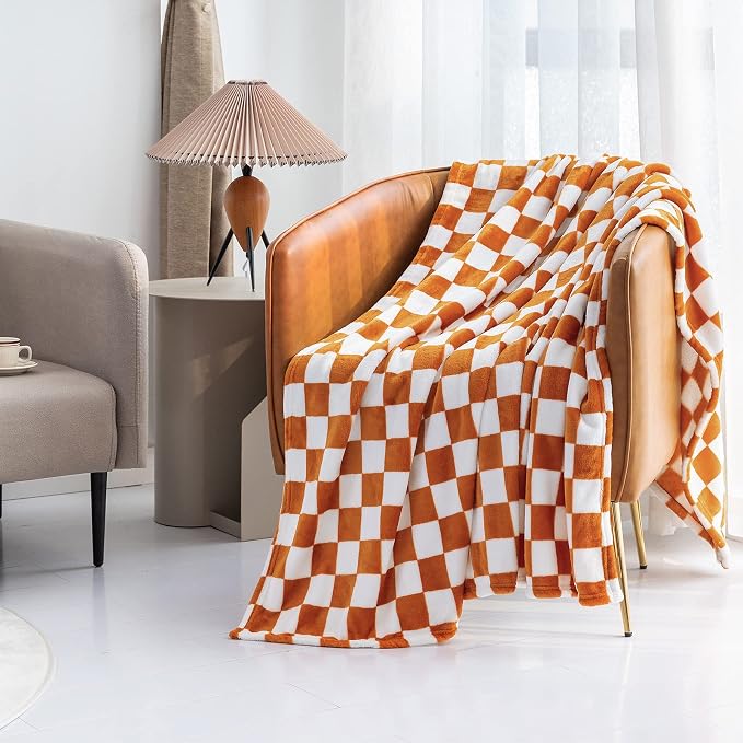 LOMAO Throw Blankets Flannel Blanket with Checkerboard Grid Pattern Soft Throw Blanket for Couch, Bed, Sofa Luxurious Warm and Cozy for All Seasons (Orange, 40"x60")