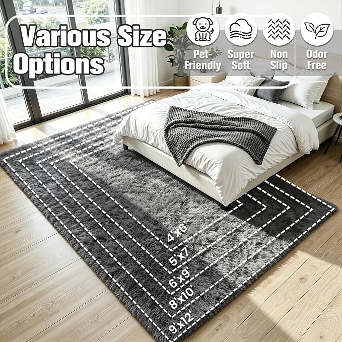 4x6 Area Rug for Living Room, Ultra Soft Fluffy Grey Rugs for Bedroom, Non Slip Large Shag Carpet, Fuzzy Plush Nursery Rug, Thick Washable Indoor Floor Carpets for Kids Office Dorm Home Decor