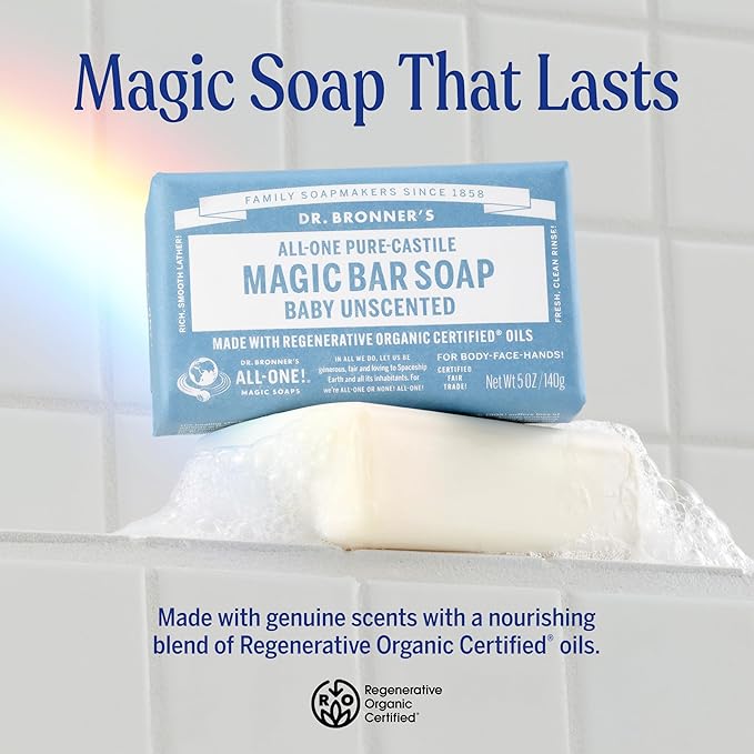 Dr. Bronner's - Pure-Castile Bar Soap (Baby Unscented, 5 ounce, 2-pack) - Made with Organic Oils, For Face, Body, Hair, Gentle for Sensitive Skin, Babies, No Added Fragrance, Biodegradable, Vegan