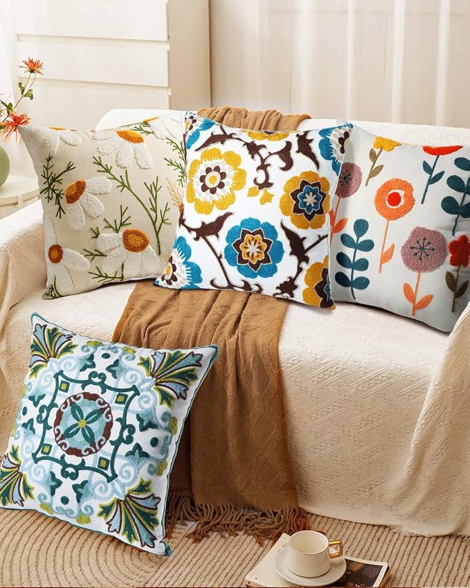 Embroidered Throw Pillow Cover - 18x18 Decorative Pillow Cover with Zipper Aesthetic Cute Design Boho Spring Summer Cozy Throw Pillowcase for Living Room Couch Sofa Bed, Floral