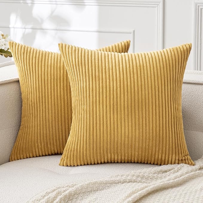 MIULEE Fall Decorative Corduroy Throw Pillow Covers Set of 2 16x16 Gold | Soft Striped Textured Cushion Cases, Boho Rustic Square Pillowcases Neutral Home Decor, for Couch Chair Sofa Bed Living Room
