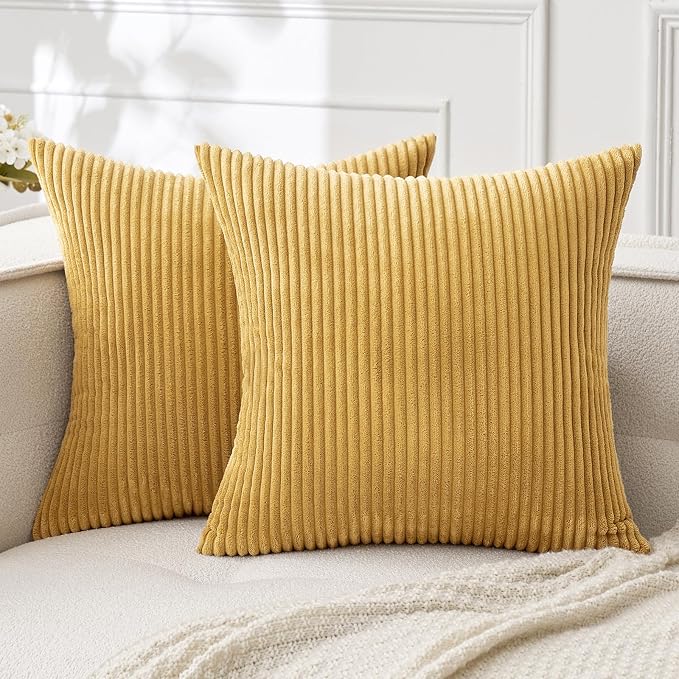 MIULEE Fall Decorative Corduroy Throw Pillow Covers Set of 2 20x20 Gold | Soft Striped Textured Cushion Cases, Boho Rustic Square Pillowcases Neutral Home Decor, for Couch Chair Sofa Bed Living Room