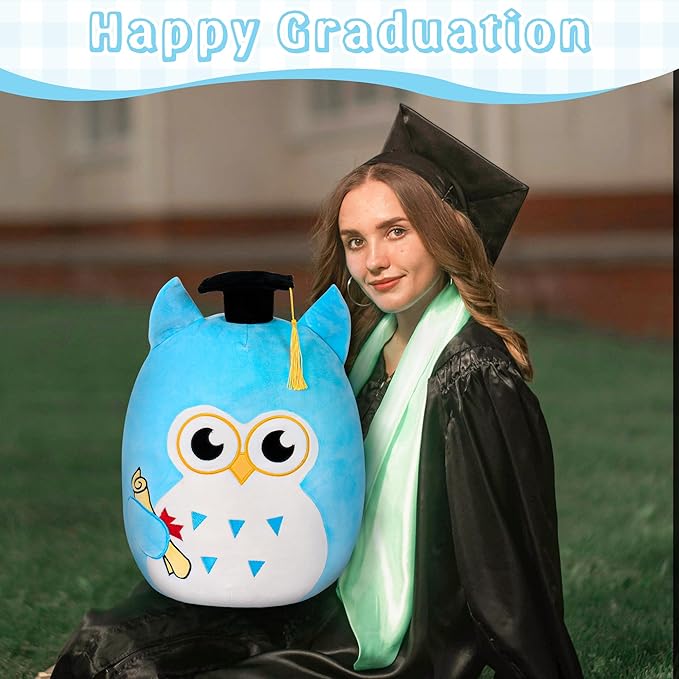 Graduation Plush, Soft Owl Stuffed Animals with Blue Body and Ears, Black Graduation Cap, Fringe and Diploma, Cute Pillow Toys Graduation Gift Plush Stuffed Animal Party Decoration(Blue)