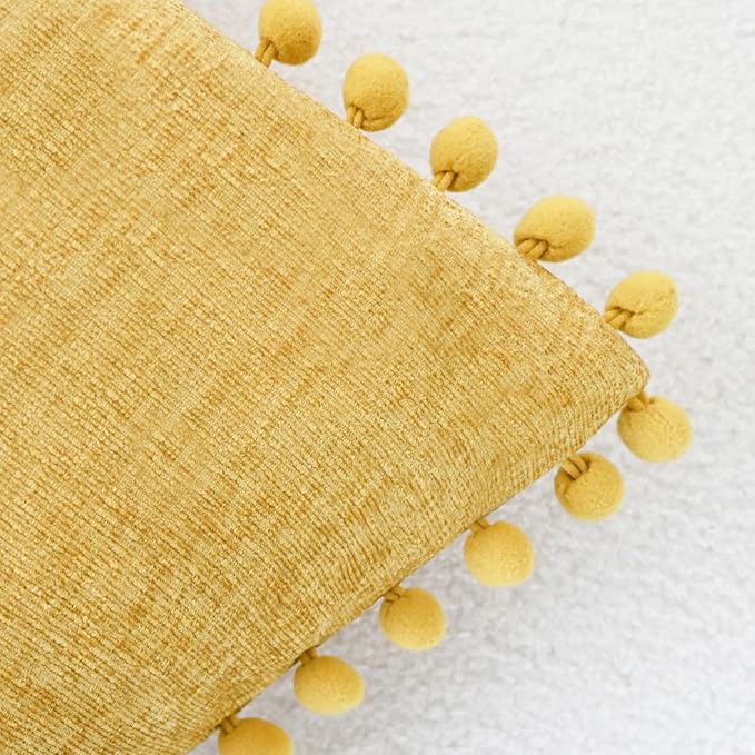 CaliTime Decorative Couch Throw Pillow Covers 16 X 16 Inches Gold | Pack of 2, Cozy Chenille Cushion Cases, with Pom Poms for Sofa Bed Living Room Farmhouse Home