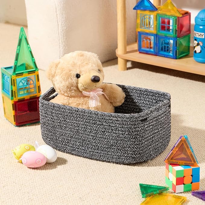 MiniArk Small Storage Baskets for Organizing | Closet Organizer Bins | Shelf Toy Basket | Woven Rope Baskets | Cube Decorative Box | Shallow Basket | 13x8.5x5.1” | 4 Packs Dark Gray