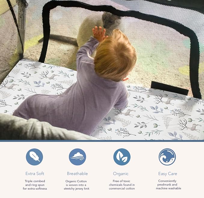 100% Organic Cotton Fitted Travel Crib Sheets, Perfectly Compatible with Guava Lotus, BabyBjorn, Dream On Me and All mattresses 22-26" Wide by 40-44" Long. Strap Holes in Corners. 2 Pk