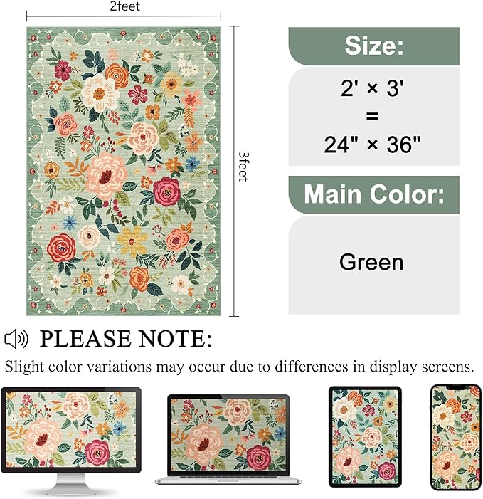 DUKINO 2x3 Rug, Floral Washable Rug for Entryway Non Slip Door Mat, Green | Low Pile, Non-Shedding Small Rug for Kitchen, Entrance, Bedroom, Bathroom, Pet Friendly, Stain Resistant, Modern Home Decor