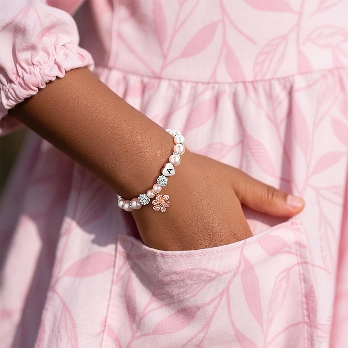 MONOOC Valentines Gifts for Kids Girls - Initial Flower Charm Bracelets for Girls, Adjustable Pearl and Rhinestone Beaded Bracelet Heart Initial Bracelets Jewelry for Flower Girl Gift Birthday Gifts