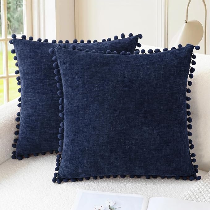 CaliTime Decorative Couch Throw Pillow Covers 18 X 18 Inches Navy Blue | Pack of 2, Cozy Chenille Cushion Cases, with Pom Poms for Sofa Bed Living Room Farmhouse Home