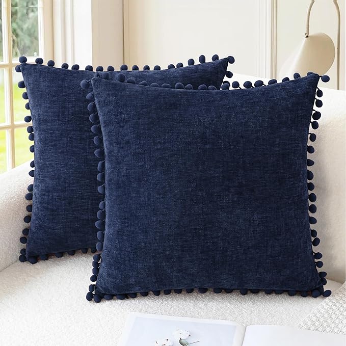CaliTime Decorative Couch Throw Pillow Covers 22 X 22 Inches Navy Blue | Pack of 2, Cozy Chenille Cushion Cases, with Pom Poms for Sofa Bed Living Room Farmhouse Home
