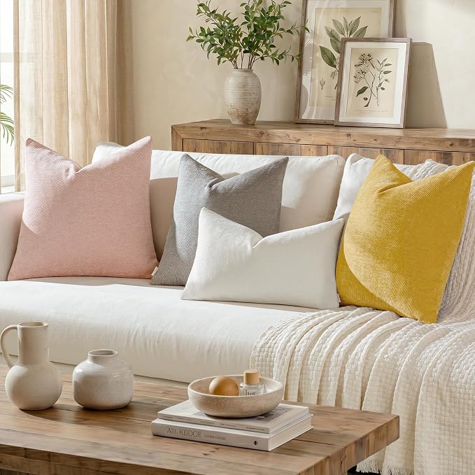 Fall Decorative Throw Pillow Covers Pack of 2,22x22 Inch Mustard Yellow | Twill Chenille Cushion Covers for Sofa Living Room Couch Bed