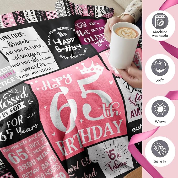 Ivivis 65th Birthday Gifts for Women Throw Blanket 60”x50”, Happy 65th Birthday Decorations for Women, 1961 Bday Gift for 65 Year Old Woman Mom Grandma Friend