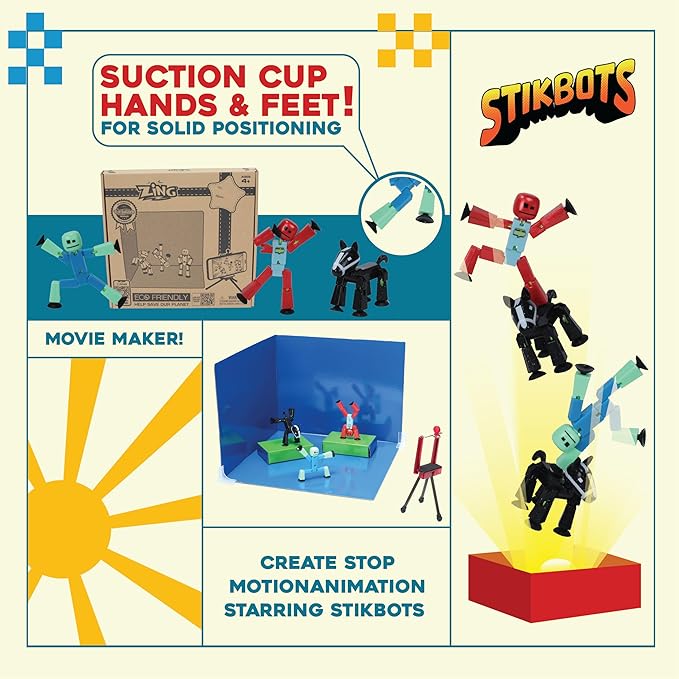 STIKBOT Zing Zanimation What The Bot Special Action Figures and Animation Set, Includes 3, 1 Mobile Phone Tripod and 2-in-1 Stage, Stop Motion Animation, Great for Kids Ages 4 and Up