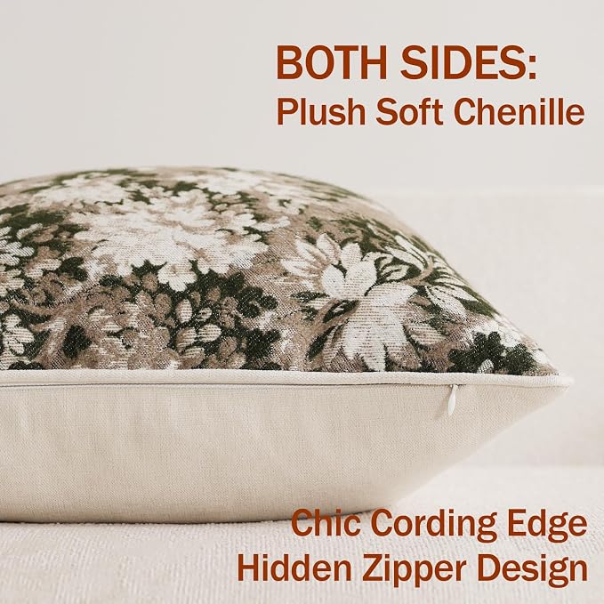 Pack of 2 Vintage Floral Throw Pillow Covers 20x20 Boho Farmhouse Accents Chenille Square Decorative Pillow Cases for Living Room Couch Bed Home Decor, Green and Taupe