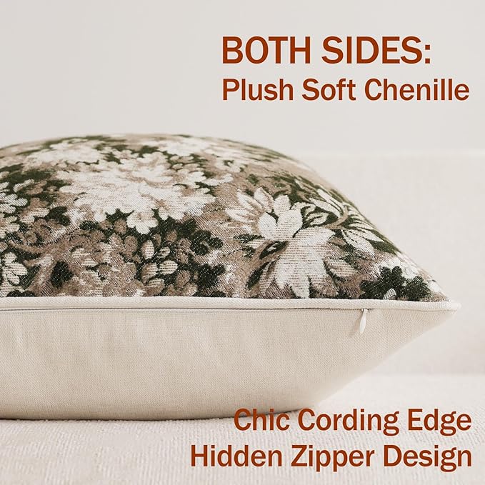 Pack of 2 Vintage Floral Euro Sham Covers 26x26 Boho Farmhouse Accents Chenille Square Decorative Throw Pillow Cases for Living Room Couch Bed Home Decor, Green and Taupe