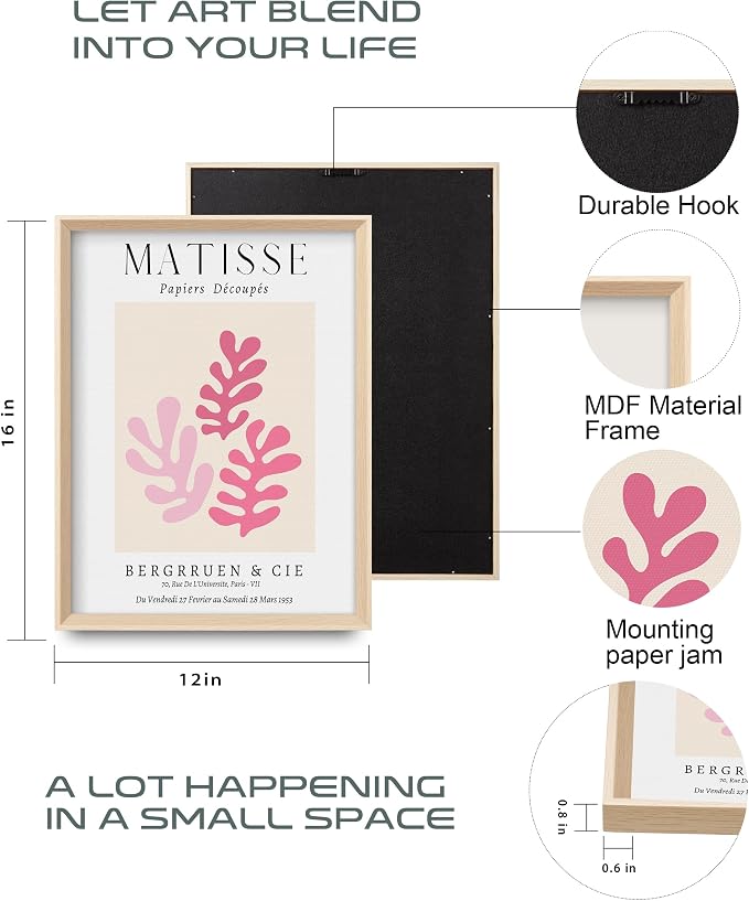 Matisse Pink Framed Wall Art Set of 3, Abstract Canvas Prints | 12x16in High-Framed Design, Matisse-Inspired Artwork, Pink Minimalist Wall Decor for Living Room Bedroom Bathroom
