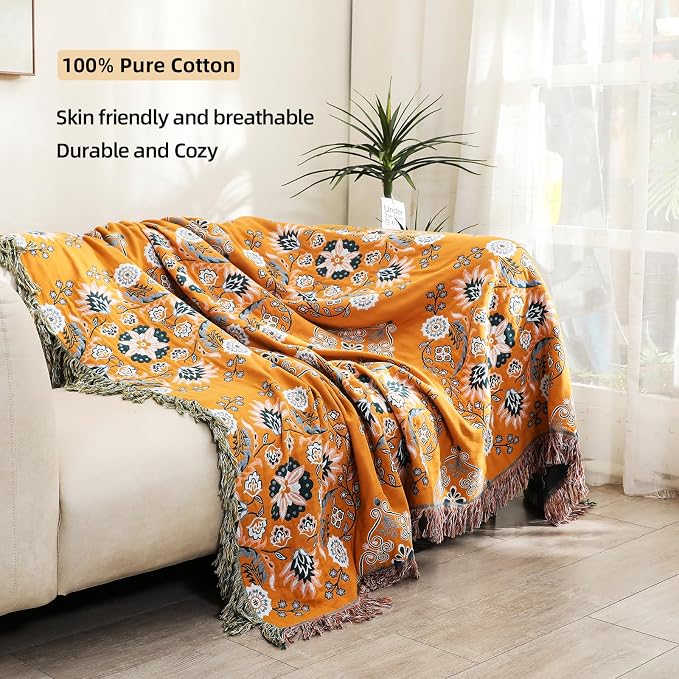 VANJOROY Boho Throw Blanket, 100% Cotton Soft King Yellow Throw for Bed-Floral Farmhouse Decor Blanket, Reversible Bohemian Throw for Sofa Chair Couch Quilt and Gift, 91" x 98"