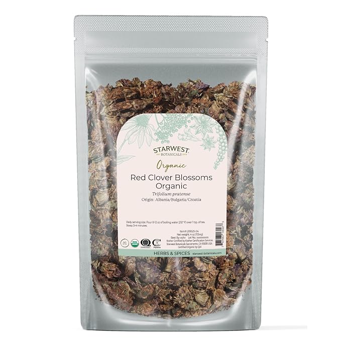 Starwest Botanicals Red Clover Blossoms Whole Organic - Dried Loose Leaf Herb for Tea, Edible Flowers, Certified Kosher, Non-GMO - 4 oz Pouch