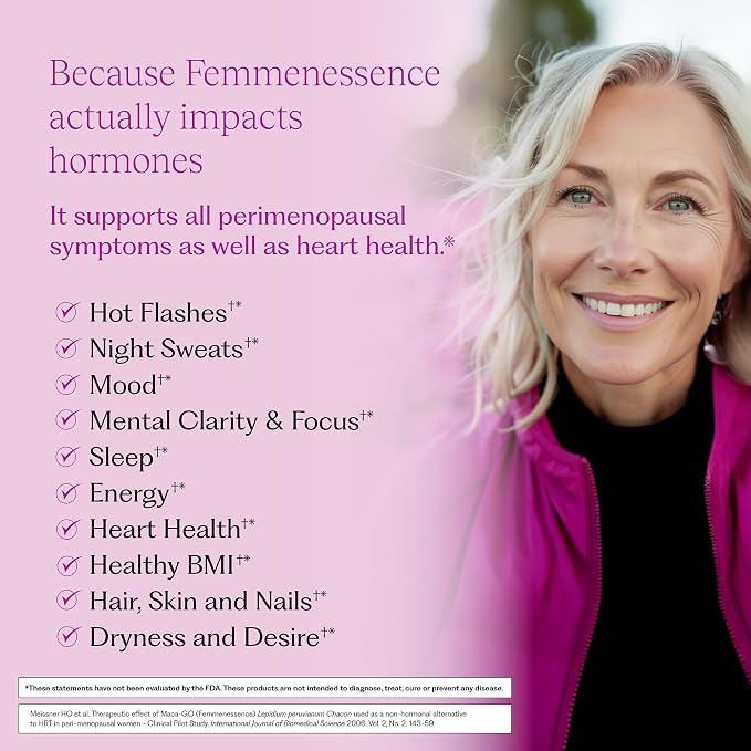 Femmenessence MacaLife – Clinically Proven Perimenopause Supplement for Women – Natural Hormone Balance, Mood, Hot Flashes & Night Sweats Relief – 360 Organic Vegan Capsules (180 Day Supply)