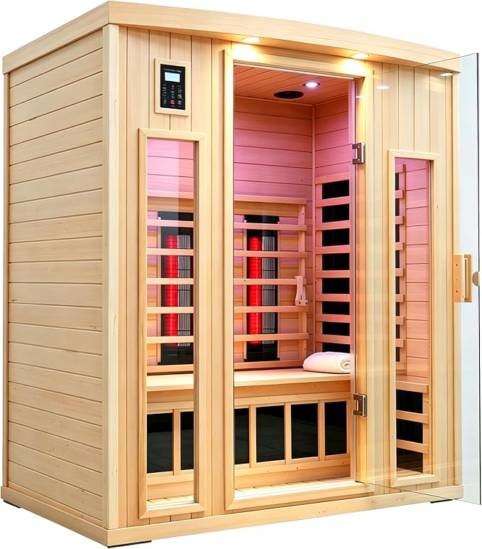 Ceramic Infrared Sauna 3 Person, Low EMF Infrared Saunas for Home, Hemlock Indoor Sauna Room, 2- in - 1 Heating Panels, Bluetooth Speakers, Chromotherapy Lights