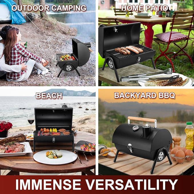 Joyfair Portable Charcoal Grill with Thermometer, Small BBQ Camping Grills | For Outdoor Backyard Party Tabletop Barbecue Cooking, Extra Thick Steel & Heavy Duty, Innovative Design & Easy Assembly