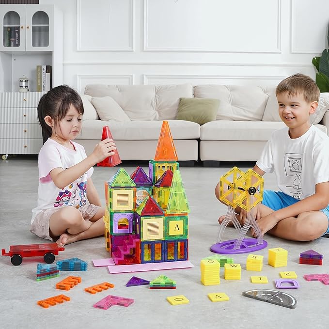 VEVOR Magnetic Tiles, 181 PCS Magnetic Blocks for Kids, Magnet Building Set with Car Bases/Ferris Wheel/Letter & Digital Cards, STEM Construction Stacking Toys for Toddlers Boys Girls Aged 3 Years