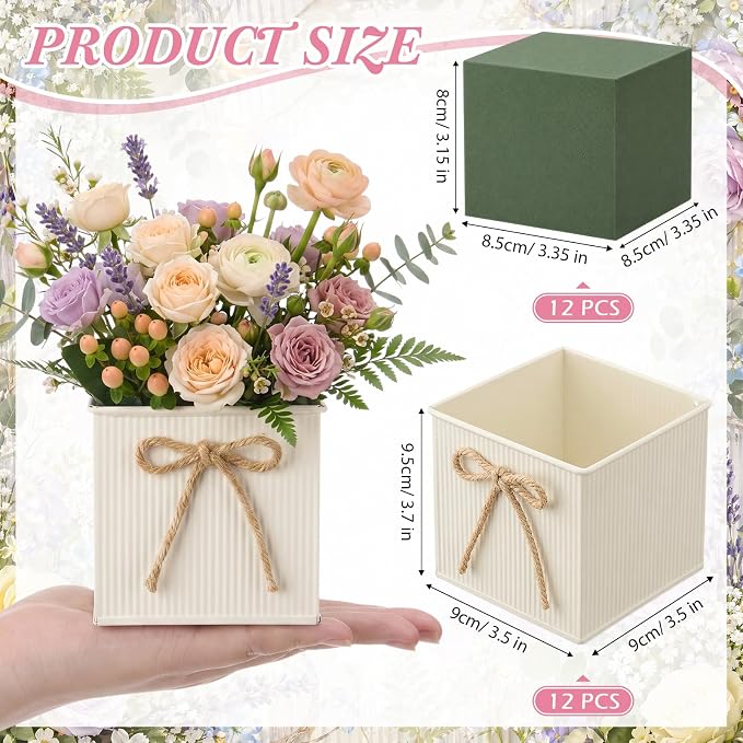 12 Pack Galvanized Square Vases with Floral Foam, 3.5 inch Waterproof Rustic Tin Buckets with Twine Bows, Mini Farmhouse Metal Planter Centerpieces for Wedding Party Table Decor (Beige)