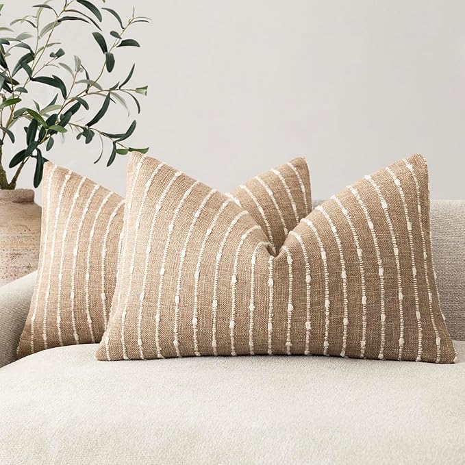 Foindtower Pack of 2 Decorative Jacquard Boucle Lumbar Throw Pillow Covers Accent Textured Striped Pillowcases Cozy Boho Cushion for Couch Sofa Bedroom Living Room Home Decor 12x20 Inch Camel