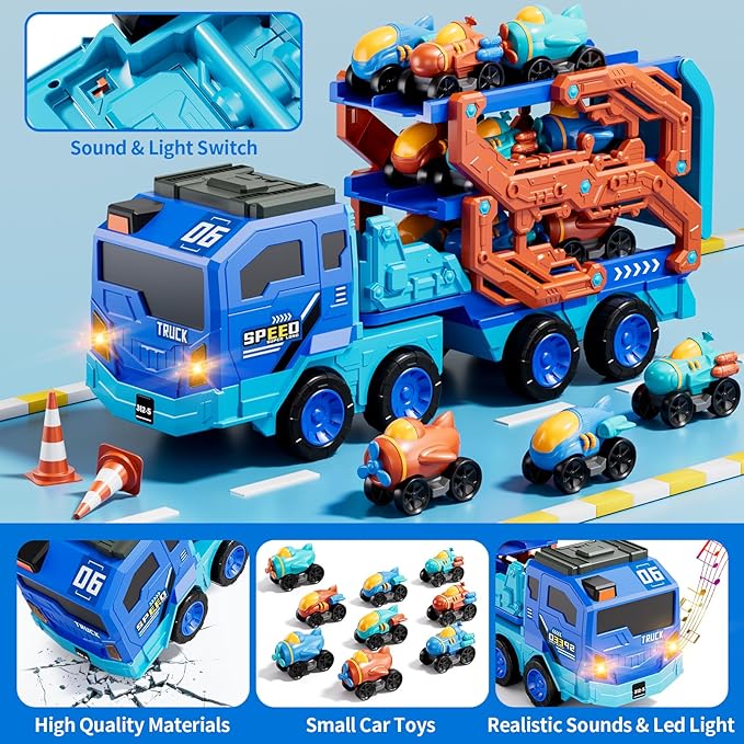 IHAHA 10-in-1 Toddler Foldable Carrier Space Truck Toys for Kids Boys Ages 3-5 4-7, Long Race Track Ejection Truck with Lights & Sounds and 9 Race Cars, 3 4 5 6 7 8 Year Old Boys Girls Birthday Gifts