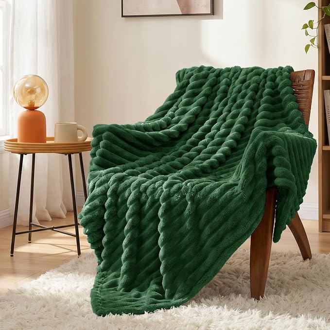 Dark Green Throw Blanket for Couch & Bed, 50 x 60 Inch | 300GSM Ribbed Fleece Blanket, Soft, Cozy & Lightweight, OEKO-TEX Certified, All-Season Use for Travel, Dorm & Home Decor