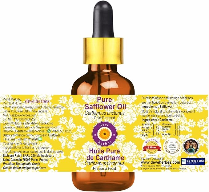Deve Herbes Pure Safflower Oil (Carthamus tinctorius) with Glass Dropper Cold Pressed 15ml (0.50 oz)