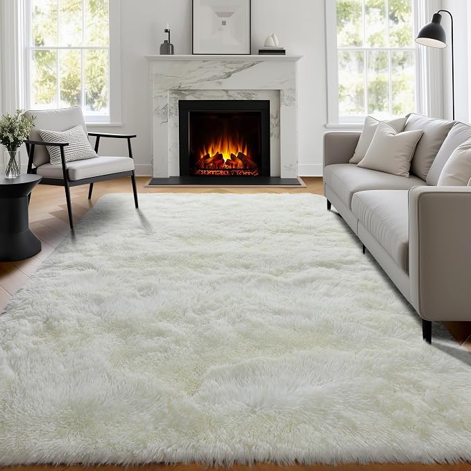 PAGISOFE White Fluffy Shag Washable Area Rugs for Living Room 5x7 Ft,Cream White Soft Shaggy Rugs for Bedroom,Office Ivory Carpet Boys Girls Dorm Pastel Rug for Kids Room Home Decor Aesthetic